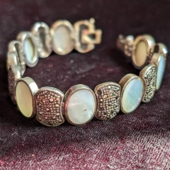 Vintage Sterling Abalone and Marcasite Link Bracelet, Mexican, Smooth, Heavy - Picture 6 of 13